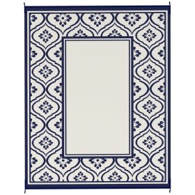 Reversible Outdoor Rug, Waterproof Plastic Straw with Carry Bag, 8' x 10', Blue & White Gourd Border
