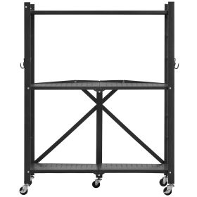 3-Tier Foldable Storage Shelf, 28W x 13D x 36H Inch Folding Metal Rack Shelving Unit, No Assembly Organizer Shelf with 5 Wheels & 4 Hooks for Pan