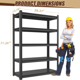 5-Tier Metal Storage Shelving, Industrial Utility Rack, Adjustable Height Bookcase for Living Room, Office, Garage, Supermarket, Gym