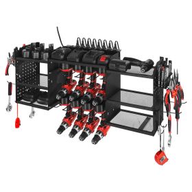 Power Tool Organizer with Charging Station, 3-Layer Power Tool Battery Storage Rack with 5.58 ft Power Strip, 8 Drill Holders & 8 Outlets