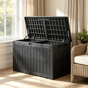 100 Gal Outdoor Deck Box Waterproof Lockable for Tools And Cushions Storage Pool Area Use (Color: Black)