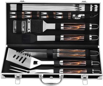 BBQ Accessories Grill Tools Set - 22PCS Stainless Steel Barbecue Grill Accessories for Outdoor Grill with Black Aluminum Case - Christmas Grillin (Color: Flamed Pattern)