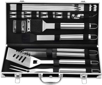 BBQ Accessories Grill Tools Set - 22PCS Stainless Steel Barbecue Grill Accessories for Outdoor Grill with Black Aluminum Case - Christmas Grillin (Color: Sliver)