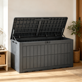100 Gal Outdoor Deck Box Waterproof Lockable for Tools And Cushions Storage Pool Area Use (Color: gray)