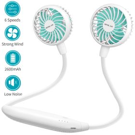 (ABC)Personal Neck Fan 2600mAh Battery Operated Neckband Fans, Ultra Quiet Hands Free USB Portable Fan with 6 Speeds, Strong Wind (Color: White)